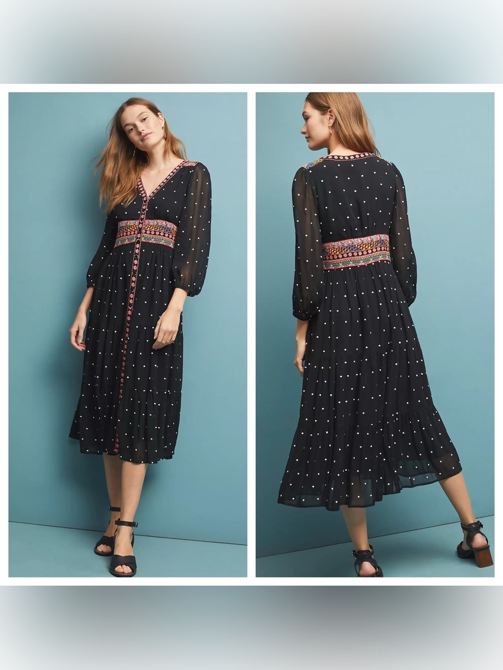 Anthropologie La Boheme Midi Dress Womens Size 18W Embroidered Button Front